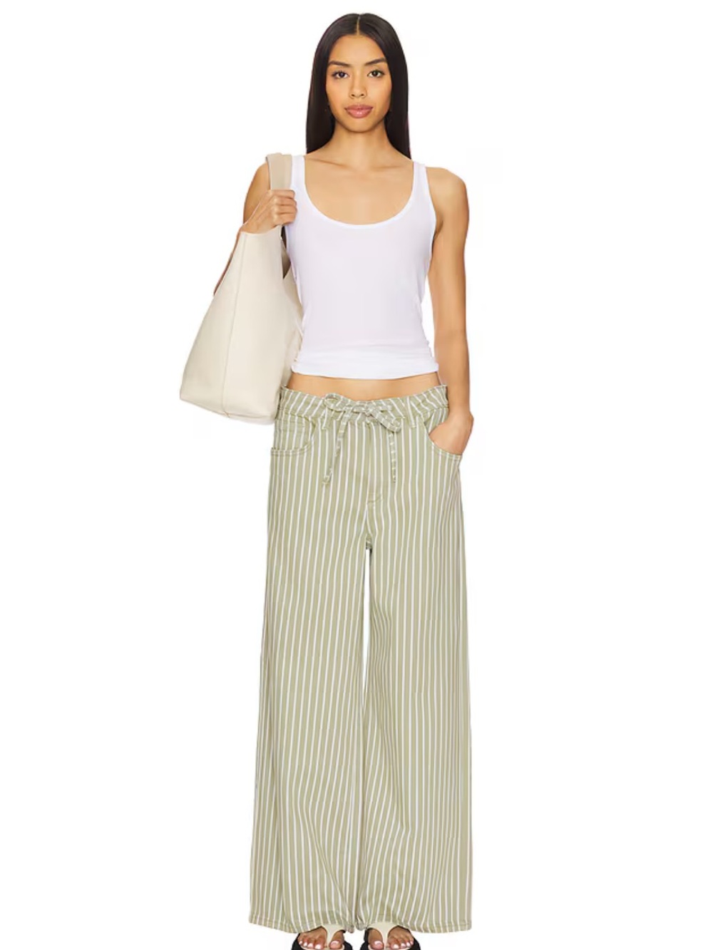 Seventy + Mochi Moss & White Pinstripe Wide-Leg Drawstring Pants